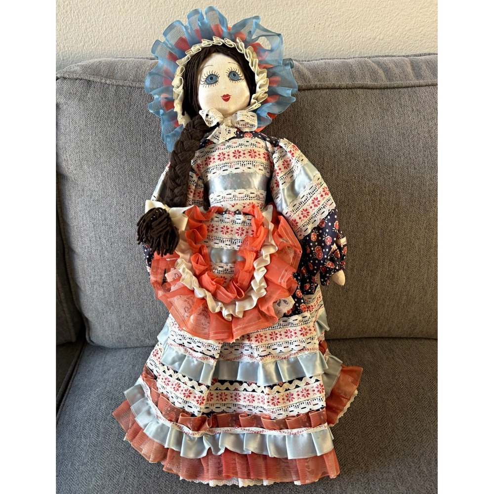Vintage Handmade Cloth Rag Doll 20" Lace Ruffled Dress Cottagecore Folk Art